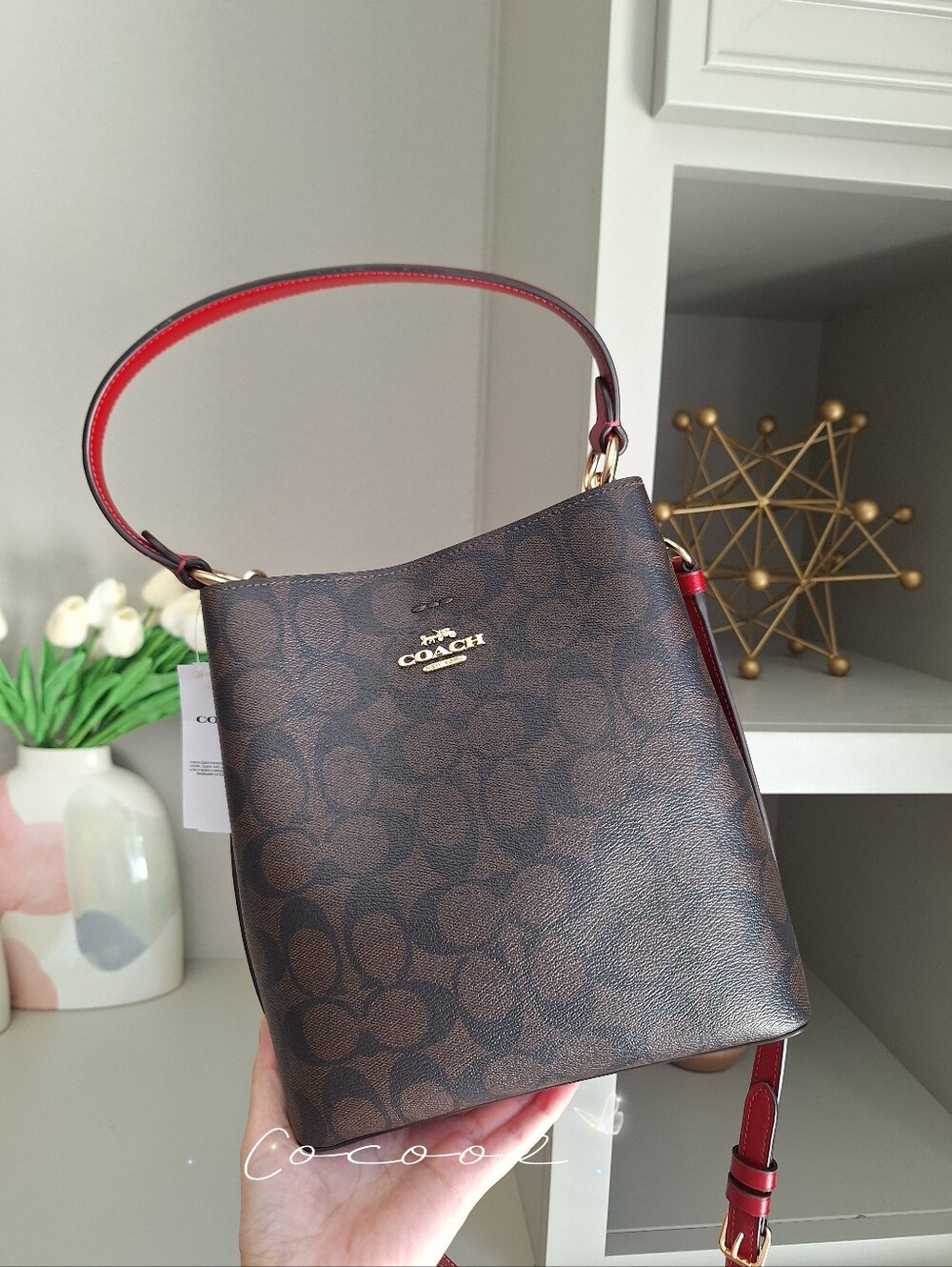 NWT!COACH SMALL TOWN BUCKET BAG IN SIGNATURE CANVAS ( 2312) IM/BROWN 1941 RED - Picture 5 of 10